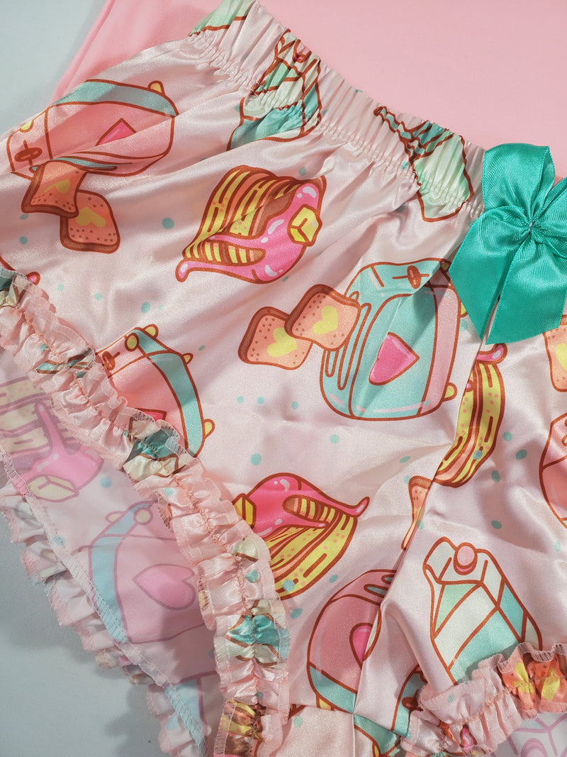 Sexy Women's pajama pink satin shorts breakfast theme pink blouse - Princess Pajamas