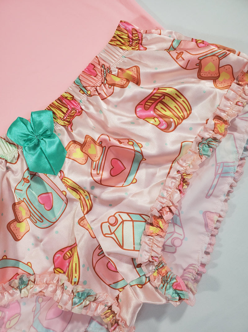 Sexy Women's pajama pink satin shorts breakfast theme pink blouse - Princess Pajamas