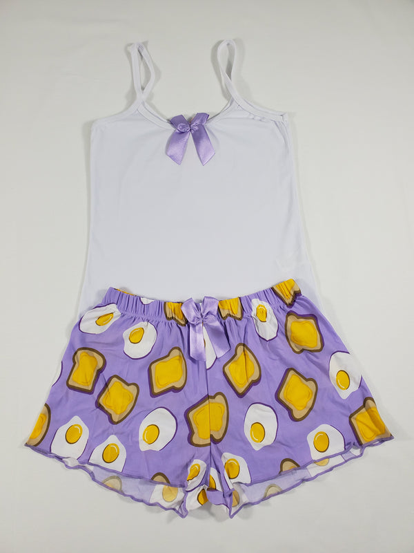 Purple Classic Women's pajamas, shorts fired eggs and toast theme white blouse - Princess Pajamas