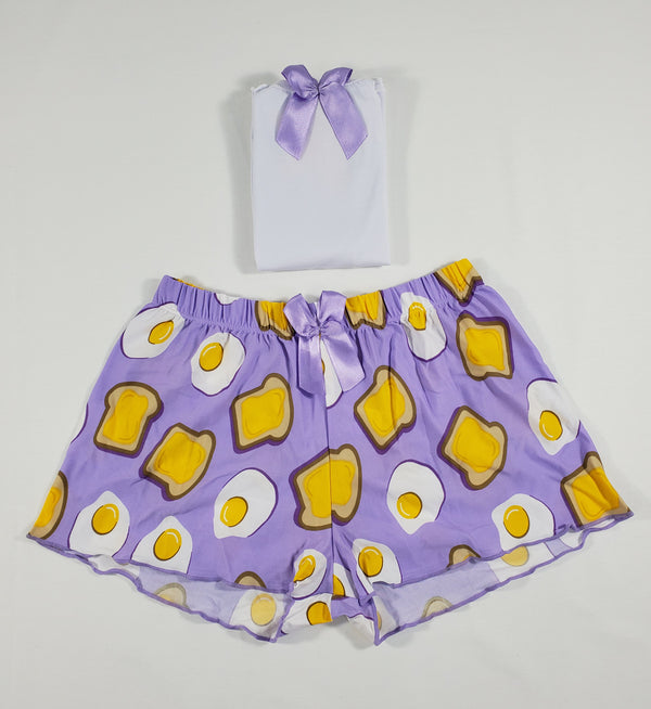 Purple Classic Women's pajamas, shorts fired eggs and toast theme white blouse - Princess Pajamas