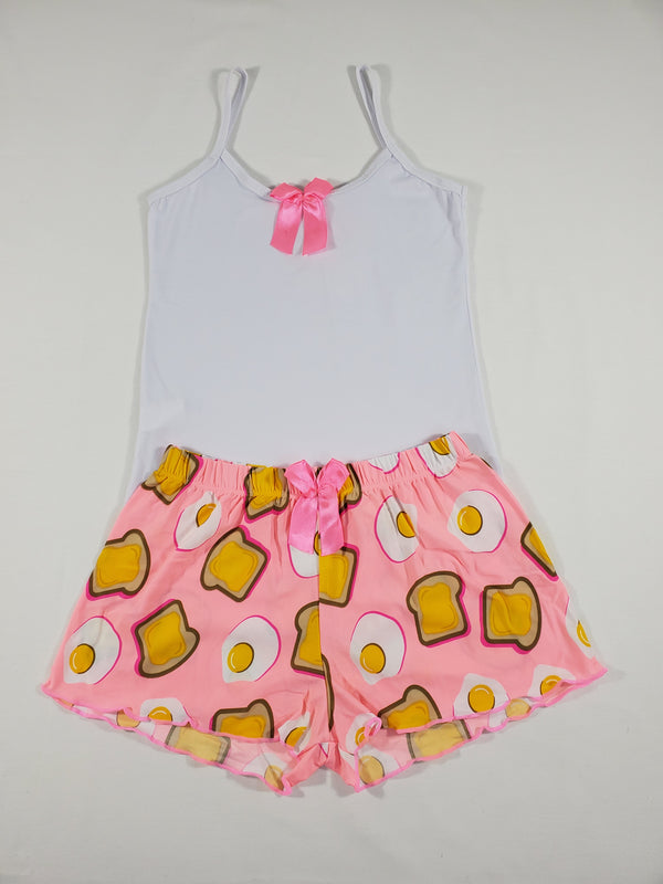 Pink Classic Women's pajamas shorts fried eggs and toast theme white blouse - Princess Pajamas