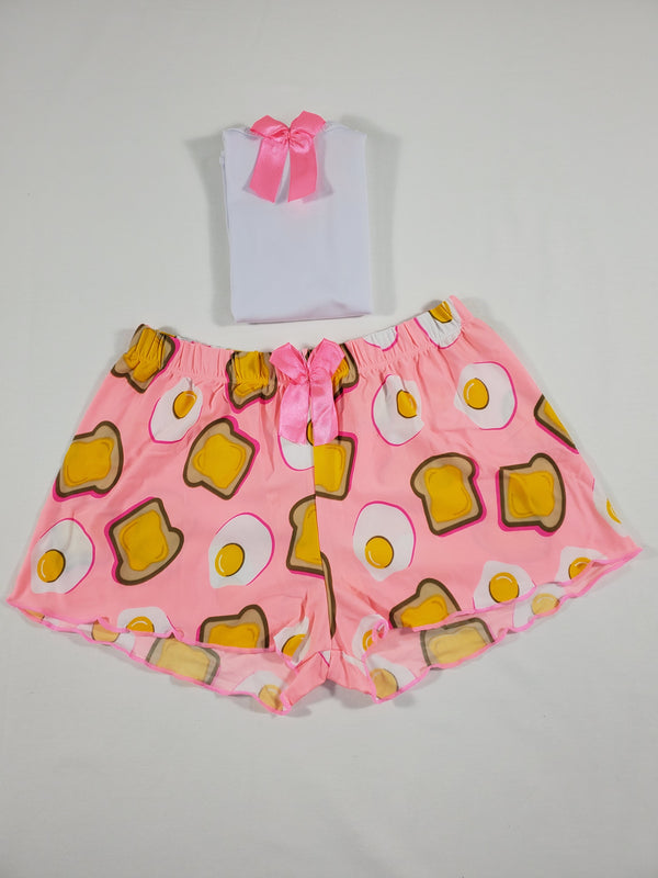 Pink Classic Women's pajamas shorts fried eggs and toast theme white blouse - Princess Pajamas