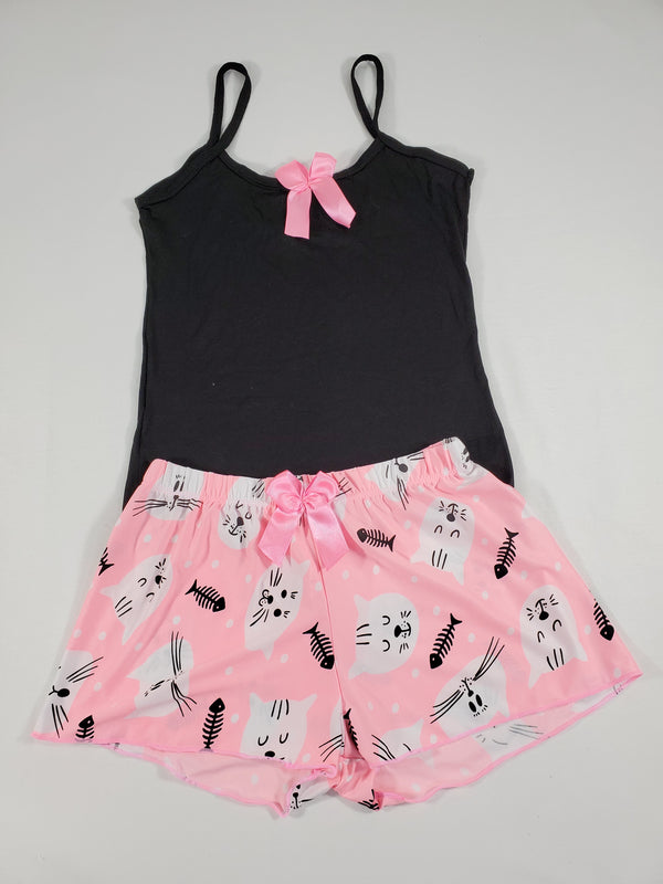 Pink Classic Women's pajamas shorts kittens theme black blouse - Princess Pajamas