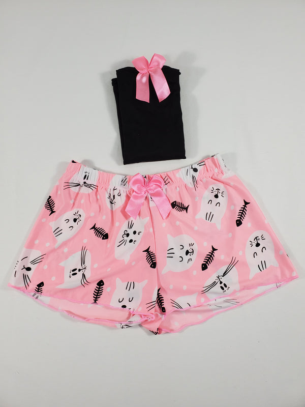 Pink Classic Women's pajamas shorts kittens theme black blouse - Princess Pajamas