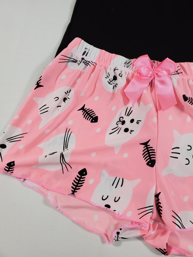 Pink Classic Women's pajamas shorts kittens theme black blouse - Princess Pajamas
