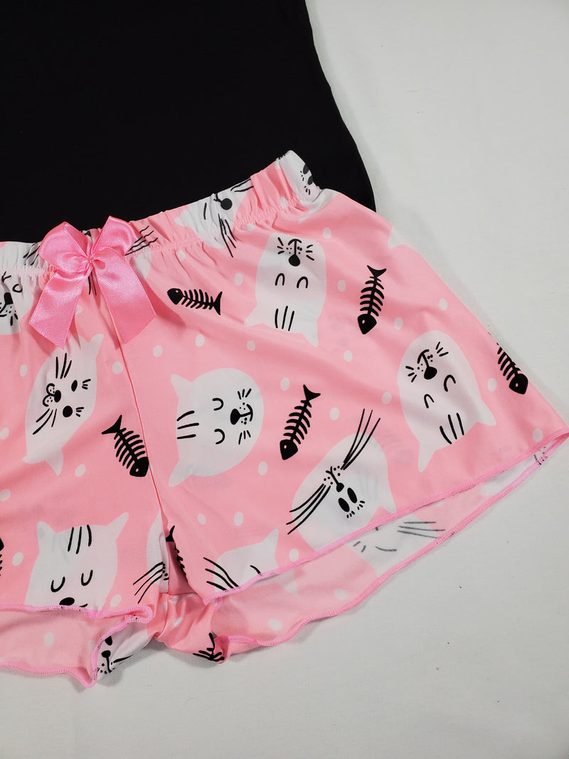 Pink Classic Women's pajamas shorts kittens theme black blouse - Princess Pajamas