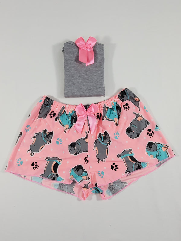 Pink Classic Women's pajamas shorts puppies theme gray blouse - Princess Pajamas