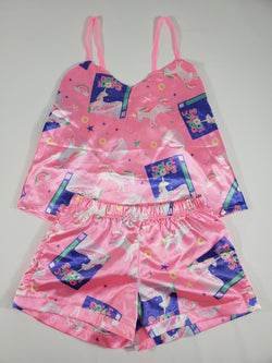 Pink satin Women's pajamas blouse and shorts unicorn and breakfast cereals theme - Princess Pajamas