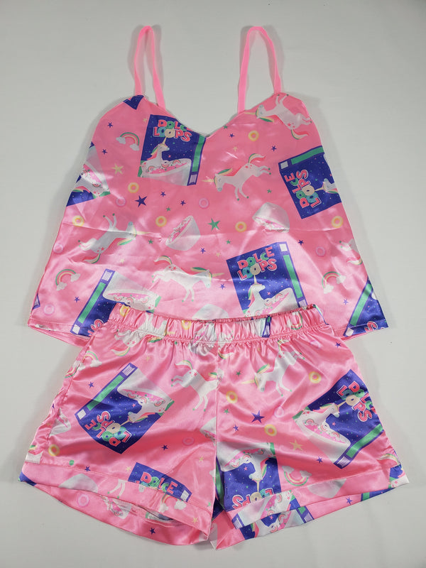 Pink satin Women's pajamas blouse and shorts unicorn and breakfast cereals theme - Princess Pajamas
