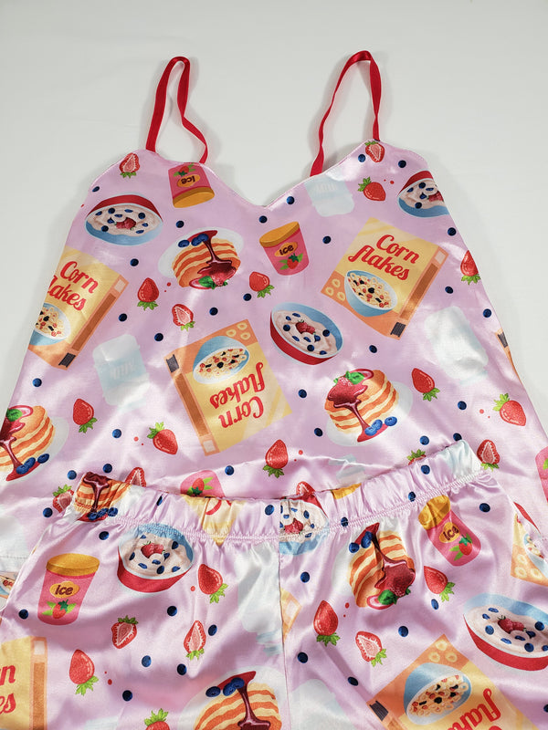 Satin Women's pajama set breakfast cereal theme shorts and blouse - Princess Pajamas