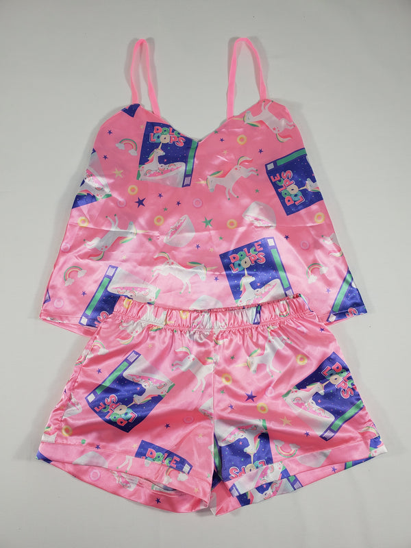 Pink satin Women's pajamas blouse and shorts unicorn and breakfast cereals theme - Princess Pajamas