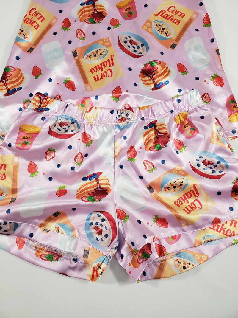 Satin Women's pajama set breakfast cereal theme shorts and blouse - Princess Pajamas