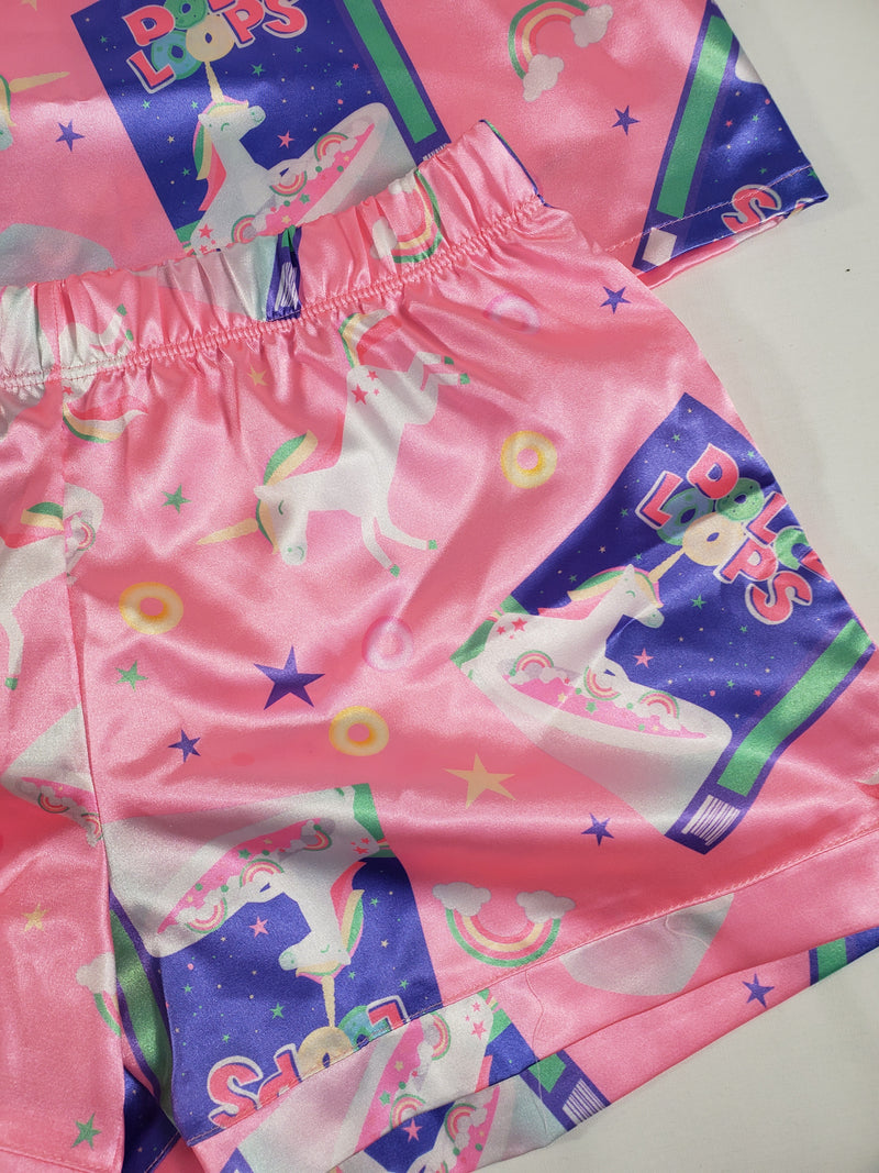Pink satin Women's pajamas blouse and shorts unicorn and breakfast cereals theme - Princess Pajamas