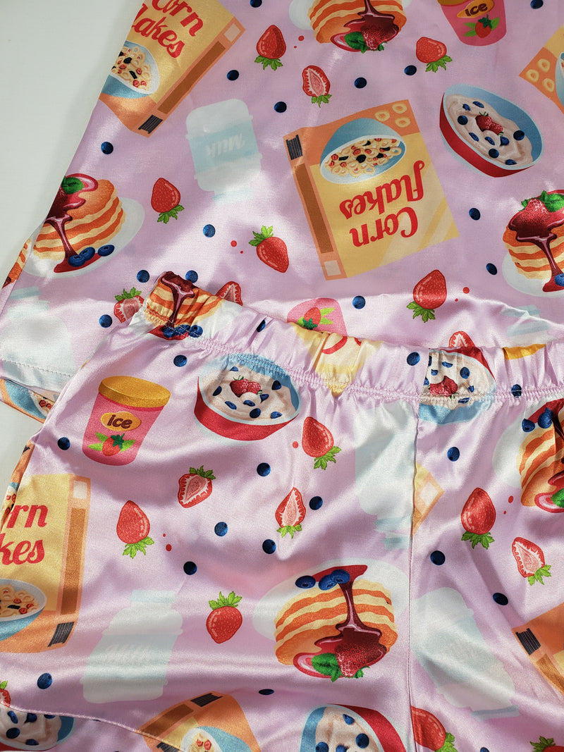Satin Women's pajama set breakfast cereal theme shorts and blouse - Princess Pajamas