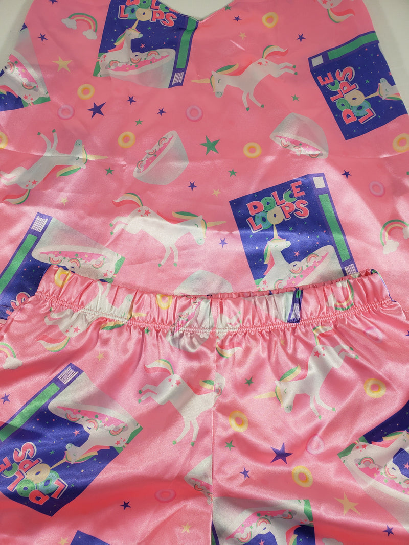 Pink satin Women's pajamas blouse and shorts unicorn and breakfast cereals theme - Princess Pajamas