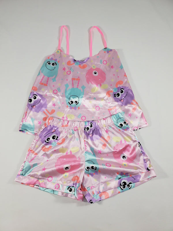 Pink satin Women's pajama set cute monster theme shorts and blouse - Princess Pajamas